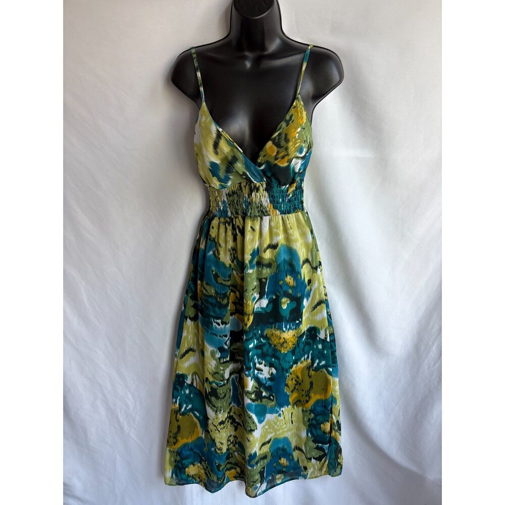 She's Cool Midi Tie Dye Dress Flare Size S Feminine Girly Smocked Green Yellow